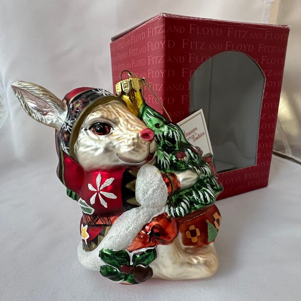 Fitz and Floyd Classics Blown Glass Ornament - Lodge Rabbit and Christmas Tree